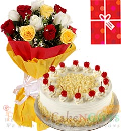 send Eggless 1Kg White Forest Cake 10 Mix Roses bouquet n Greeting Card delivery