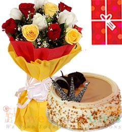 send Eggless 1Kg Butterscotch Cake 10 Mix Roses bouquet n Greeting Card delivery