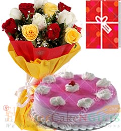 Eggless 1Kg Strawberry Cake 10 Mix Roses bouquet n Greeting Card