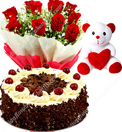 send Half Kg Black Forest Cake Red Roses Bouquet Teddy Bear delivery