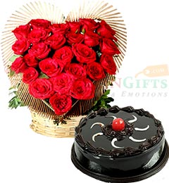 send Half Eggless Chocolate Truffle Cake n Roses Heart Shape Bouquet delivery