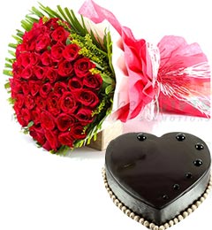 send 50 Red Roses Flower Bouquet 1Kg Heart Shaped Chocolate Truffle Cake delivery
