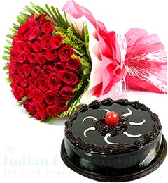 send 50 Red Roses Flower Bouquet n Half  Kg Chocolate Truffle Cake delivery