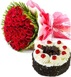 send 50 Red Roses Flower Bouquet  Half  Kg Black Forest Cake delivery