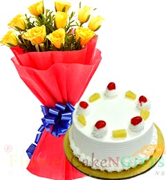 send Half Kg Pineapple Cake n Yellow Roses Flower Bouquet delivery