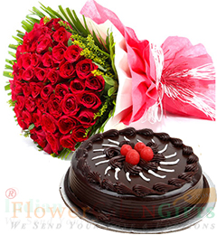 send 50 Red Roses Flower Bouquet n 1Kg Chocolate Truffle Cake delivery