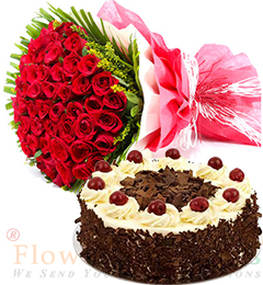 send 50 Red Roses Flower Bouquet n 1Kg Black Forest Cake delivery