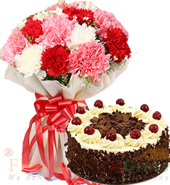send  Half Kg Black Forest Cake n Carnations Flower Bouquet delivery