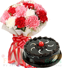 send  Half Kg Chocolate Cake n Carnations Flower Bouquet delivery