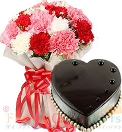 1Kg Chocolate Heart Shaped Truffle Cake n Carnations Flower Bouquet