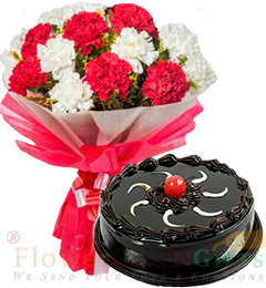 send Half Kg Chocolate Truffle Cake n Carnation Flower Bouquet delivery