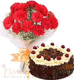 send Half Kg Black Forest Cake n Red Carnation Flower Bouquet delivery