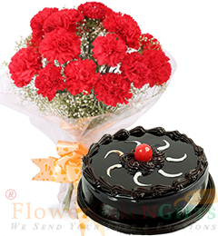 send Half Kg Chocolate Cake n Red Carnation Flower Bouquet delivery