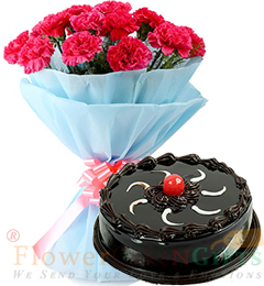 Half Kg Chocolate Cake n Pink Carnation Flower Bouquet