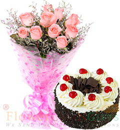 send Half Kg Black Forest Cake n Pink Roses Flower Bouquet delivery