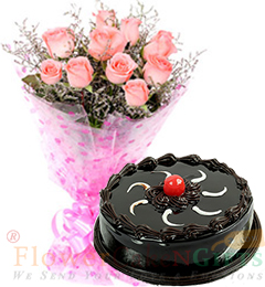 send Half Kg Chocolate Cake n Pink Roses Flower Bouquet delivery