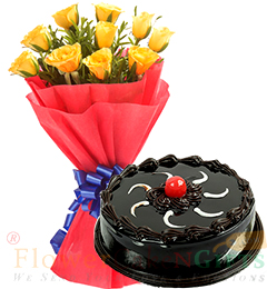 send Half Kg Chocolate Cake n Yellow Roses Flower Bouquet delivery