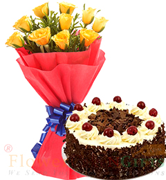 send Half Kg Black Forest Cake n Yellow Roses Flower Bouquet delivery