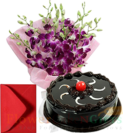 send Orchid Bunch with Half Chocolate Truffles Cake Card delivery