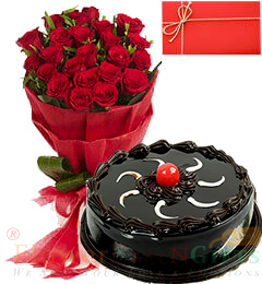 Red Rose Bouquet and Birthday Cake Card