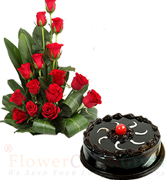 Half Kg Chocolate Truffle Cake n Red Roses Flower Bouquet 