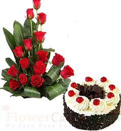send Half Kg Black Forest Cake n Red Roses Flower Bouquet  delivery