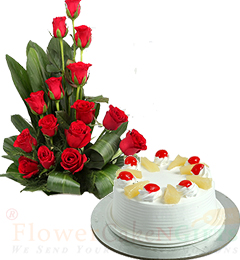 send Half Kg Pineapple Cake n Red Roses Flower Bouquet delivery
