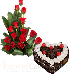 1Kg Heart Shaped Black Forest Cake Roses Flower Bouquet