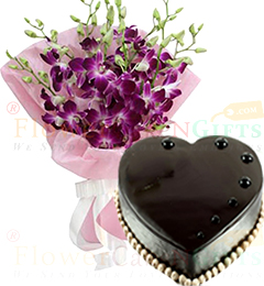 send 1Kg Heart Shape Chocolate Truffle Cake N Orchids Bouquet delivery