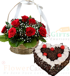 send 1Kg Heart Shape Eggless Black Forest Cake N Red Roses Basket delivery