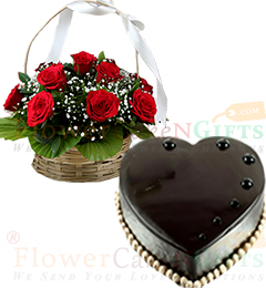 send Heart Shape Chocolate Truffle Cake 1Kg Eggless N Red Roses Basket delivery