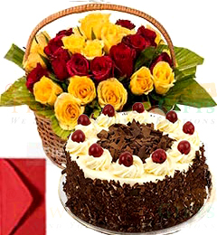 send Black Forest Cake Half Kg with Red Yellow Roses Basket delivery
