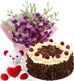 send 500gm Black Forest Cake Orchid Flower Bouquet Teddy delivery