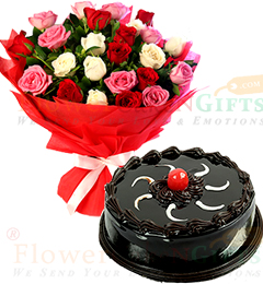 Half Kg Chocolate Truffle Cake n Mix Roses Flower Bouquet