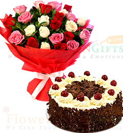 send Half Kg Black Forest Cake n Mix Roses Flower Bouquet delivery