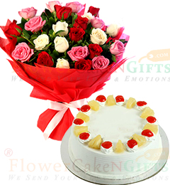 send  Half Kg Pineapple cake n Mix Roses Flower Bouquet delivery