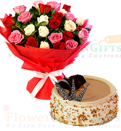 send  Half Kg butterscotch cake n Mix Roses Flower Bouquet delivery