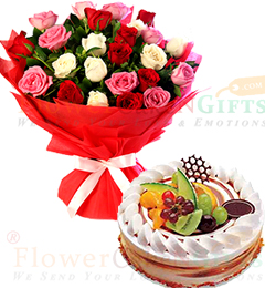 send Half Kg Black Forest Cake n Mix Roses Flower Bouquet delivery
