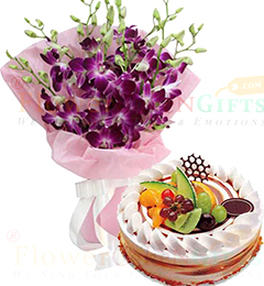 send Half Kg Mixed Fruit Cake n 5 Orchid Flower Bouquet delivery