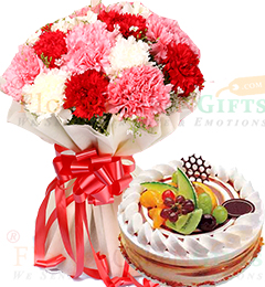 send Half Kg Mixed Fruit Cake n Mix Carnations Flower Bouquet delivery