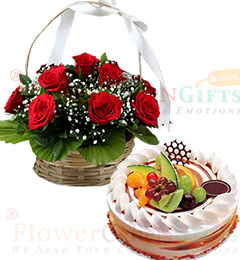 send Half Kg Mixed Fruit Cake n Red Roses Flower Basket delivery