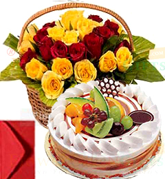 send Mixed Fruit Cake Half Kg with 20 Red Yellow Roses Basket delivery