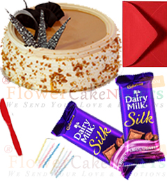 send half kg butterscotch cake 2pcs chocolate n card delivery