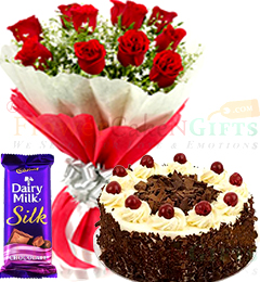 send Half Kg Black Forest Cake Cadbury Dairy Milk Silk n Roses Flower Bouquet delivery