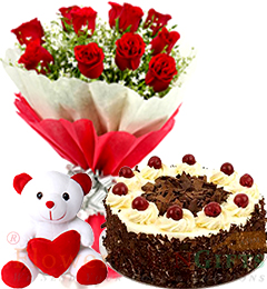 send Half Eggless Black Forest Cake n Roses Bouquet N Teddy delivery