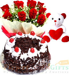 send Half Kg Black Forest Eggless Cake Red Roses Bouquet Teddy Bear delivery