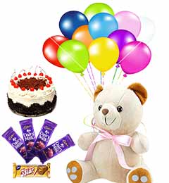 send Combo of Teddy Eggless Black Forest cake Chocolates and balloons delivery