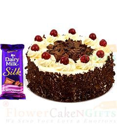 send Half kg Black Forest Cake n Dairy Milk Silk Chocolate delivery