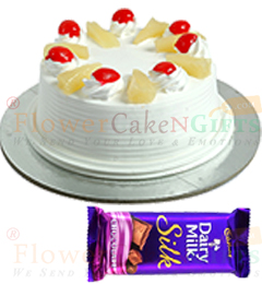 send Half Kg Pineapple cake n Dairy Milk Silk Chocolate delivery