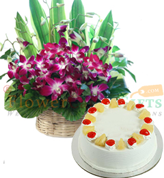 Orchid flower basket and pineapple cake Half kg